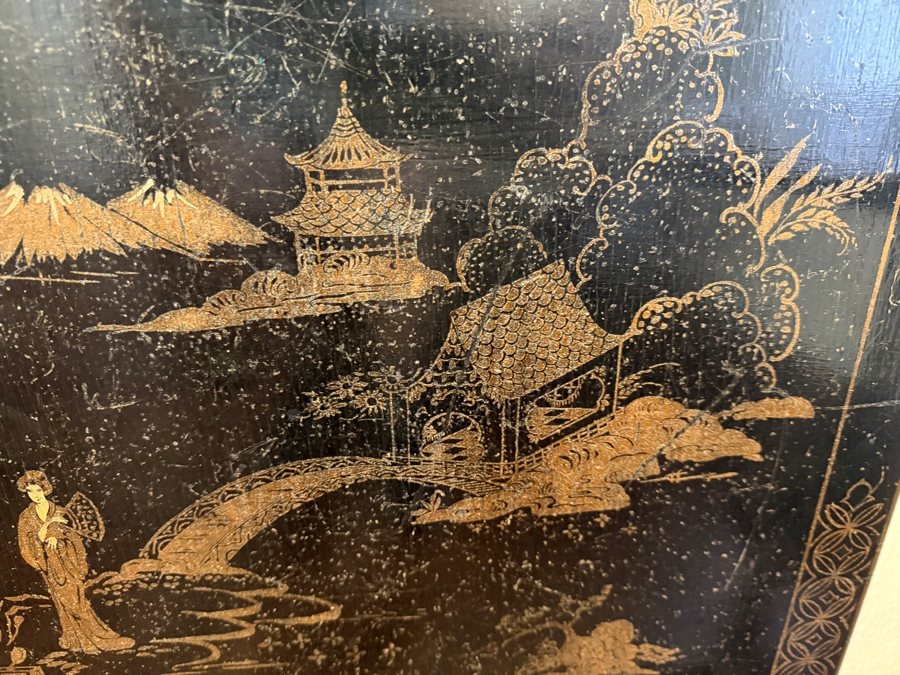 Vintage Chinoiserie Black Tilt Top Table With Gilt Hand Painted Asian Landscape Scene And Curved Tripod Pedestal Base 27'W X 41.5'H [Photo 5]