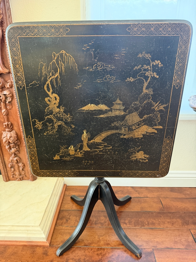 Vintage Chinoiserie Black Tilt Top Table With Gilt Hand Painted Asian Landscape Scene And Curved Tripod Pedestal Base 27'W X 41.5'H [Photo 3]