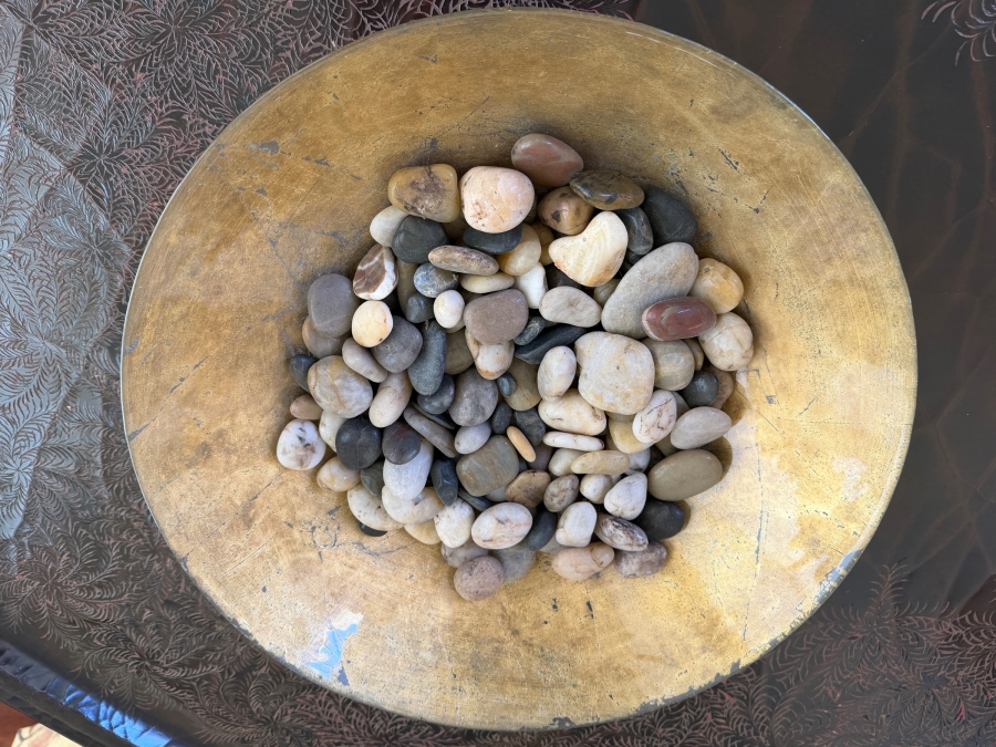 Decorative Gold Glass Accent Bowl Filled With Polished River Rocks