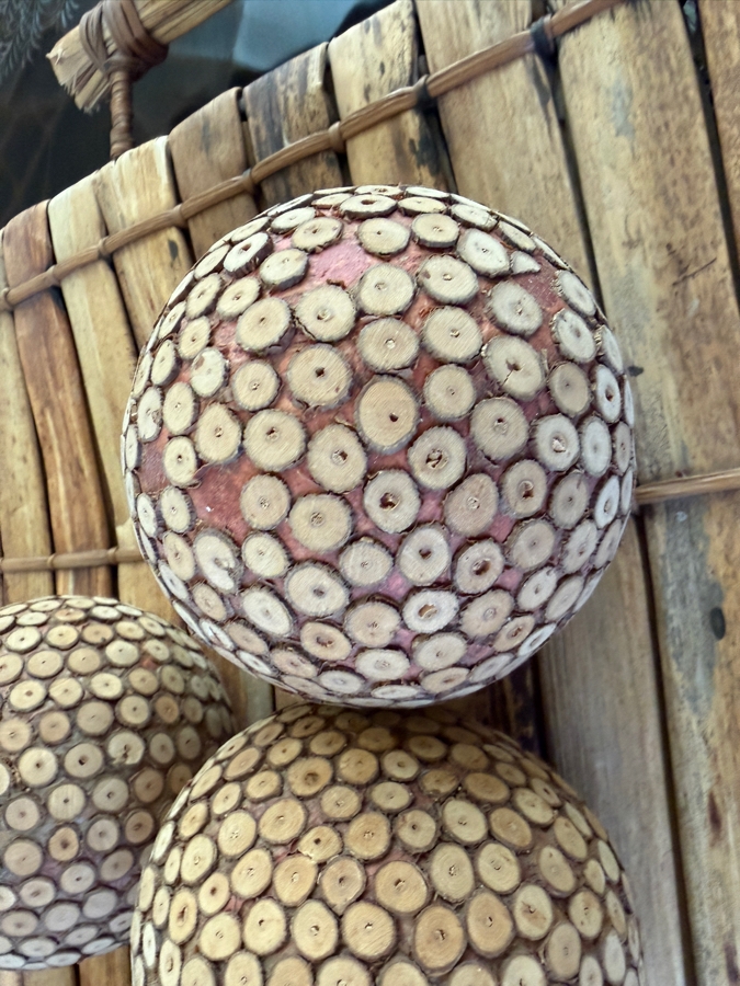 Woven Bamboo Slats Display Tray Set With Five Handcrafted Miniature Coconut Shell Segment Mosaic Spheres 22'W X 13.5'H [Photo 4]