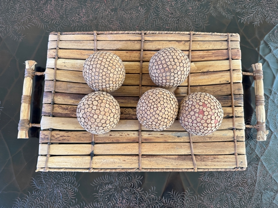 Woven Bamboo Slats Display Tray Set With Five Handcrafted Miniature Coconut Shell Segment Mosaic Spheres 22'W X 13.5'H