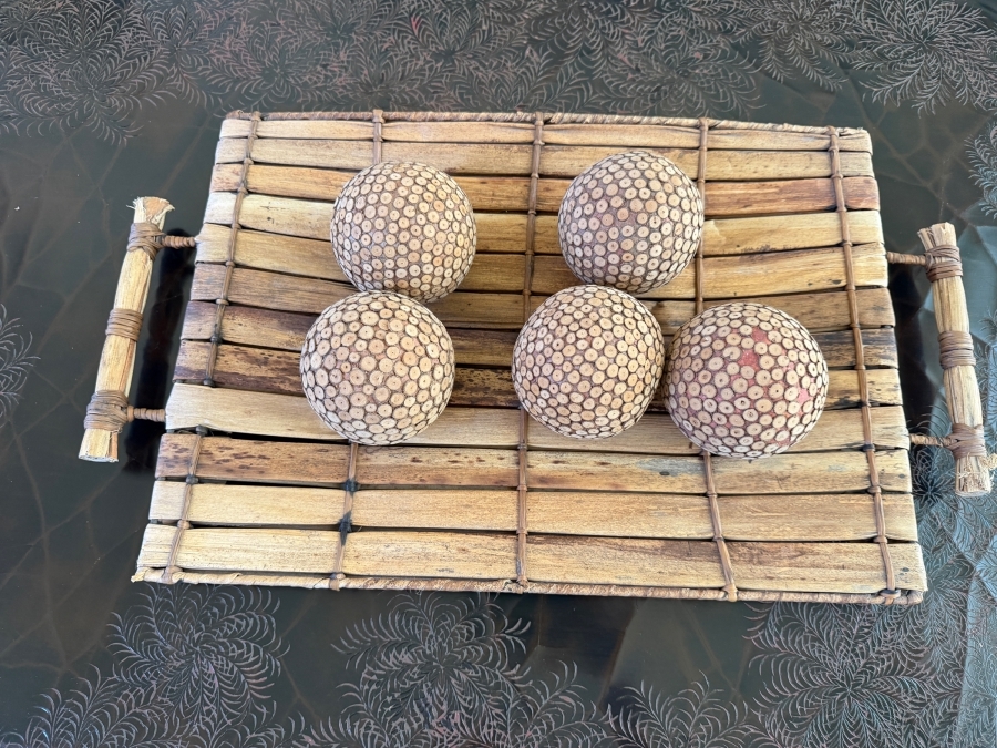 Woven Bamboo Slats Display Tray Set With Five Handcrafted Miniature Coconut Shell Segment Mosaic Spheres 22'W X 13.5'H [Photo 2]