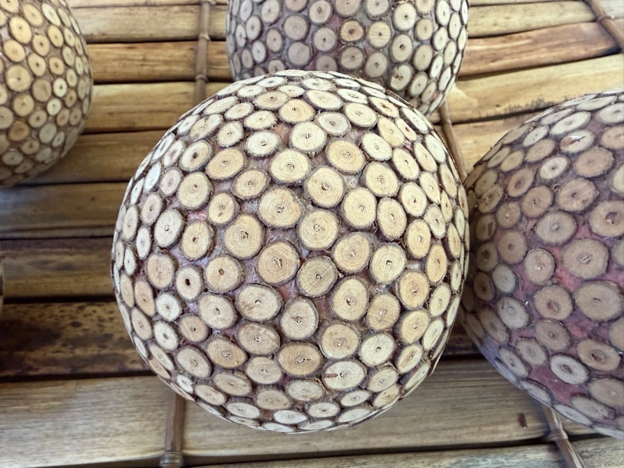 Woven Bamboo Slats Display Tray Set With Five Handcrafted Miniature Coconut Shell Segment Mosaic Spheres 22'W X 13.5'H [Photo 3]