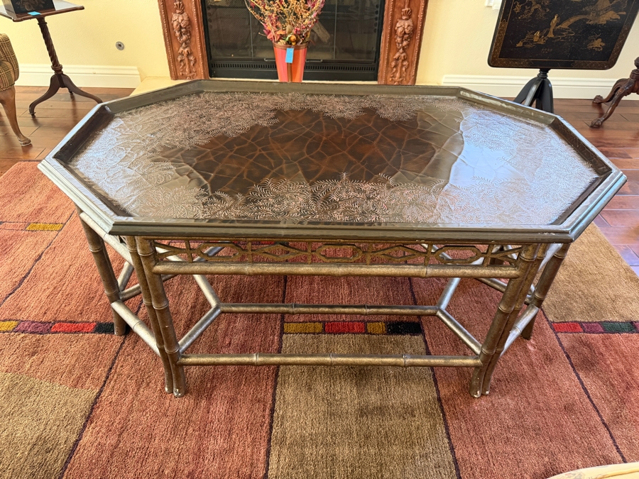 Vintage Chinoiserie Octagonal Coffee Table With Faux Bamboo Frame And Gilt Etched Folate Border Design 51W X 32D X 23H [Photo 7]