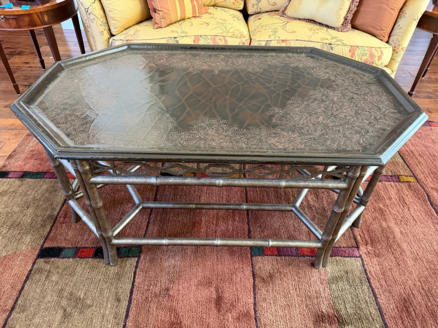 Vintage Chinoiserie Octagonal Coffee Table With Faux Bamboo Frame And Gilt Etched Folate Border Design 51W X 32D X 23H [Photo 2]