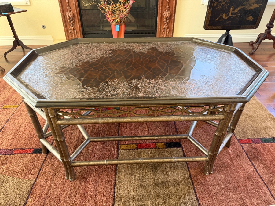 Vintage Chinoiserie Octagonal Coffee Table With Faux Bamboo Frame And Gilt Etched Folate Border Design 51W X 32D X 23H [Photo 8]