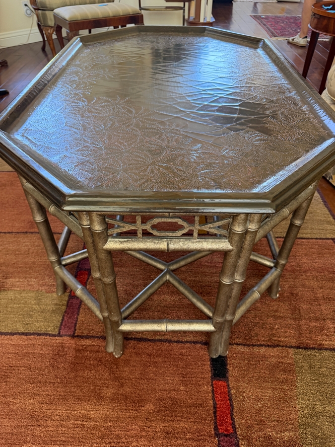 Vintage Chinoiserie Octagonal Coffee Table With Faux Bamboo Frame And Gilt Etched Folate Border Design 51W X 32D X 23H [Photo 6]