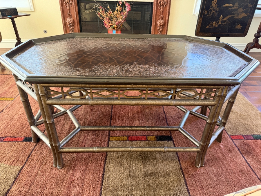 Vintage Chinoiserie Octagonal Coffee Table With Faux Bamboo Frame And Gilt Etched Folate Border Design 51W X 32D X 23H [Photo 9]