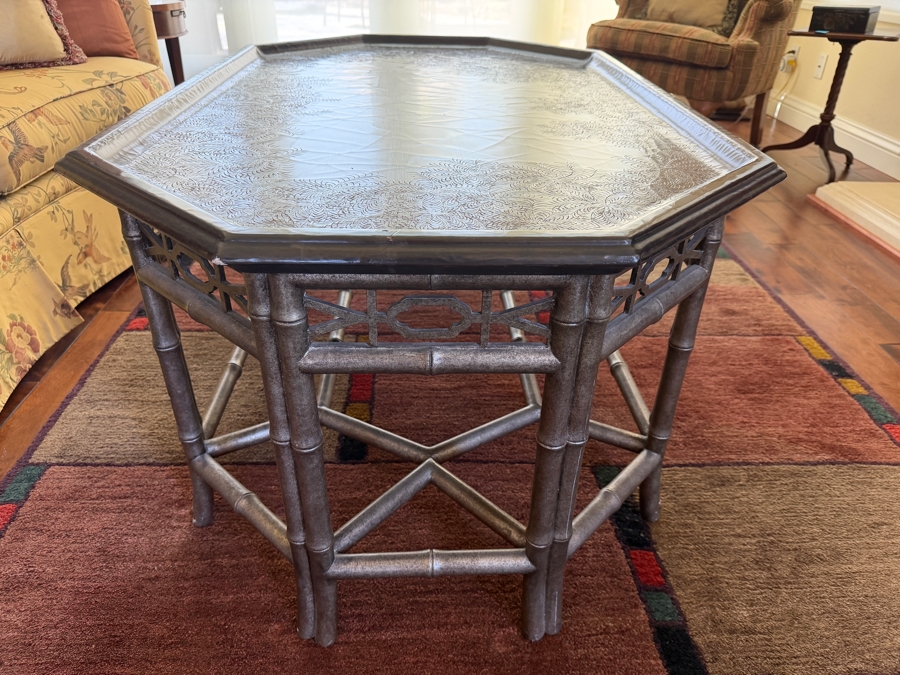 Vintage Chinoiserie Octagonal Coffee Table With Faux Bamboo Frame And Gilt Etched Folate Border Design 51W X 32D X 23H [Photo 5]