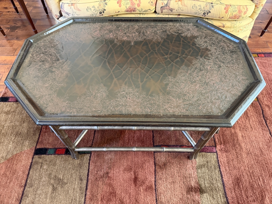 Vintage Chinoiserie Octagonal Coffee Table With Faux Bamboo Frame And Gilt Etched Folate Border Design 51W X 32D X 23H [Photo 3]