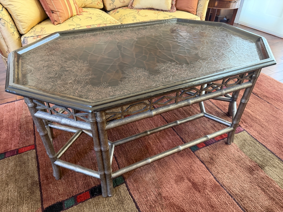 Vintage Chinoiserie Octagonal Coffee Table With Faux Bamboo Frame And Gilt Etched Folate Border Design 51W X 32D X 23H