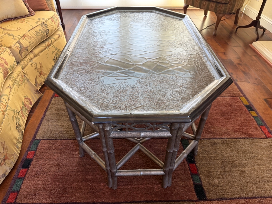 Vintage Chinoiserie Octagonal Coffee Table With Faux Bamboo Frame And Gilt Etched Folate Border Design 51W X 32D X 23H [Photo 4]