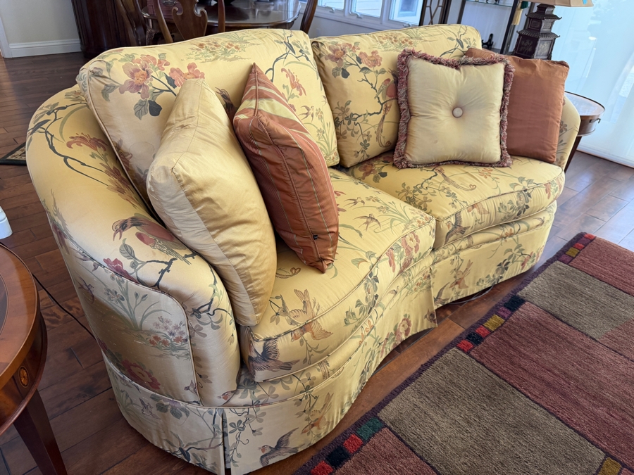 Traditional Chintz Fabric Upholstered Rolled Arm Loveseat Sofa Featuring Yellow Botanical Floral Bird Pattern And Tailored Skirt 84' X 40' [Photo 3]