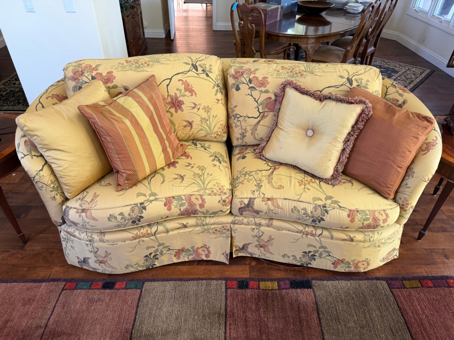 Traditional Chintz Fabric Upholstered Rolled Arm Loveseat Sofa Featuring Yellow Botanical Floral Bird Pattern And Tailored Skirt 84' X 40'