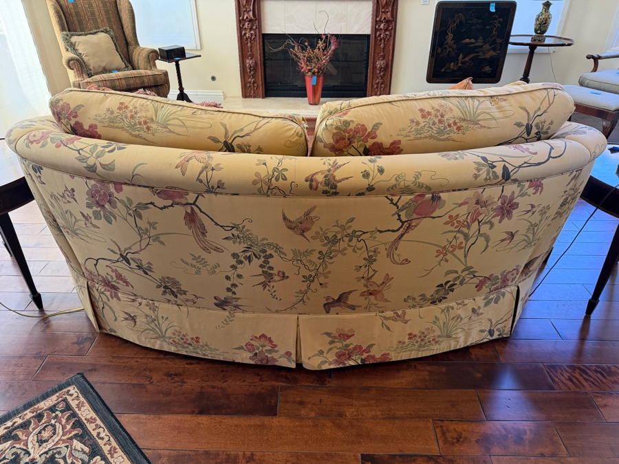 Traditional Chintz Fabric Upholstered Rolled Arm Loveseat Sofa Featuring Yellow Botanical Floral Bird Pattern And Tailored Skirt 84' X 40' [Photo 4]