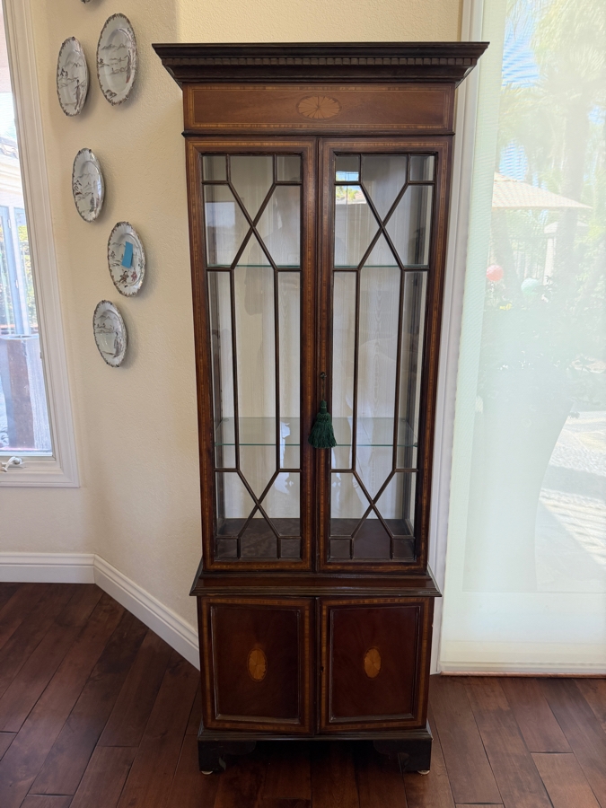 Hekman Copley Place Hepplewhite Style Mahogany Curio Cabinet Featuring Satinwood Marquetry Inlays And Mullioned Glass Doors 25'W X 13'D X 71'H [Photo 2]