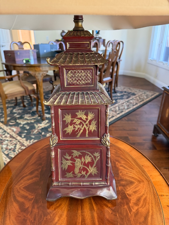 Vintage Chinoiserie Asian Pagoda Style Bronze Patinated Ceramic Table Lamp With Hand Painted Panels And Matching Finial 29.5'H [Photo 3]