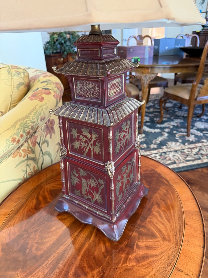 Vintage Chinoiserie Asian Pagoda Style Bronze Patinated Ceramic Table Lamp With Hand Painted Panels And Matching Finial 29.5'H [Photo 4]