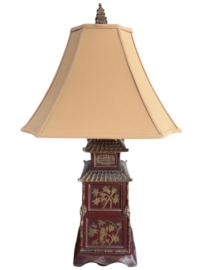 Vintage Chinoiserie Asian Pagoda Style Bronze Patinated Ceramic Table Lamp With Hand Painted Panels And Matching Finial 29.5'H