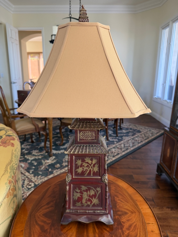 Vintage Chinoiserie Asian Pagoda Style Bronze Patinated Ceramic Table Lamp With Hand Painted Panels And Matching Finial 29.5'H [Photo 2]