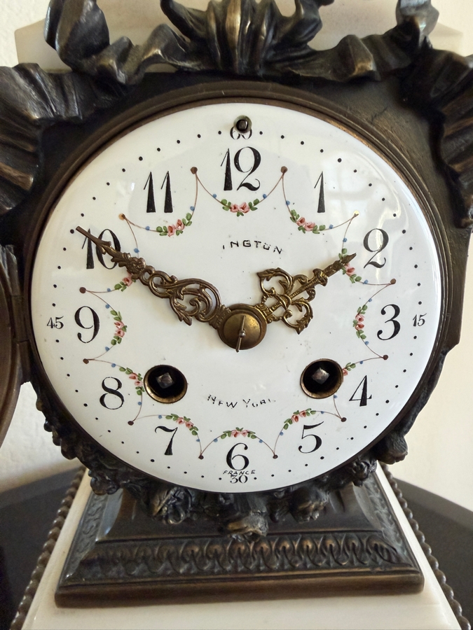 French Louis XVI Style White Marble Mantel Clock With Key, Bronze Ornate Ribbon Swag Garland And Dove Finial 14'H [Photo 4]