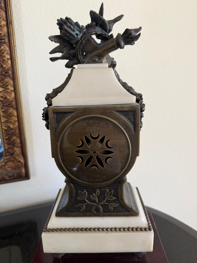 French Louis XVI Style White Marble Mantel Clock With Key, Bronze Ornate Ribbon Swag Garland And Dove Finial 14'H [Photo 8]