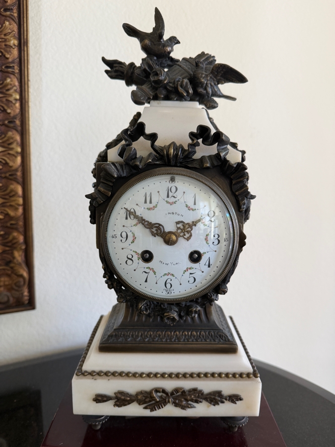 French Louis XVI Style White Marble Mantel Clock With Key, Bronze Ornate Ribbon Swag Garland And Dove Finial 14'H [Photo 3]