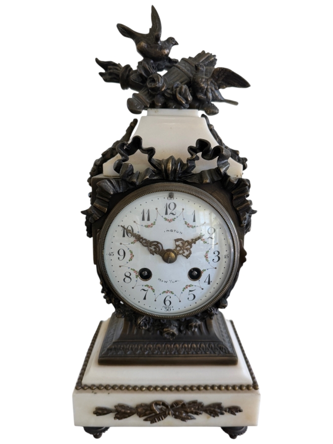 French Louis XVI Style White Marble Mantel Clock With Key, Bronze Ornate Ribbon Swag Garland And Dove Finial 14'H