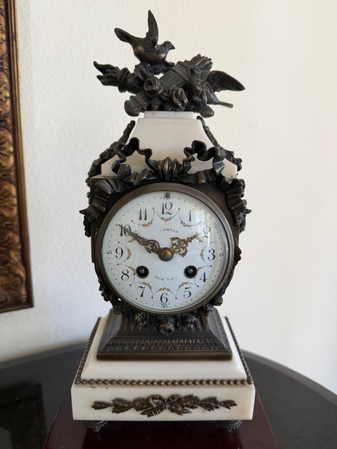 French Louis XVI Style White Marble Mantel Clock With Key, Bronze Ornate Ribbon Swag Garland And Dove Finial 14'H [Photo 2]