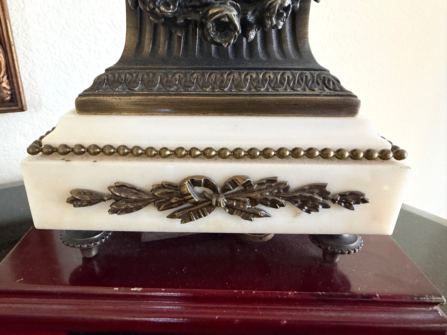 French Louis XVI Style White Marble Mantel Clock With Key, Bronze Ornate Ribbon Swag Garland And Dove Finial 14'H [Photo 6]