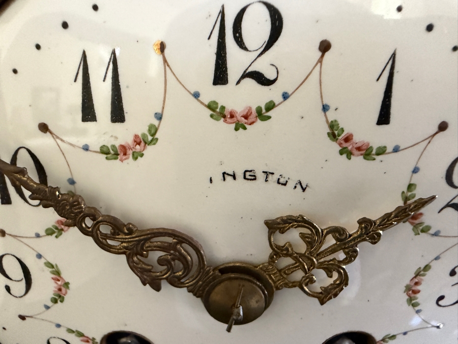 French Louis XVI Style White Marble Mantel Clock With Key, Bronze Ornate Ribbon Swag Garland And Dove Finial 14'H [Photo 5]
