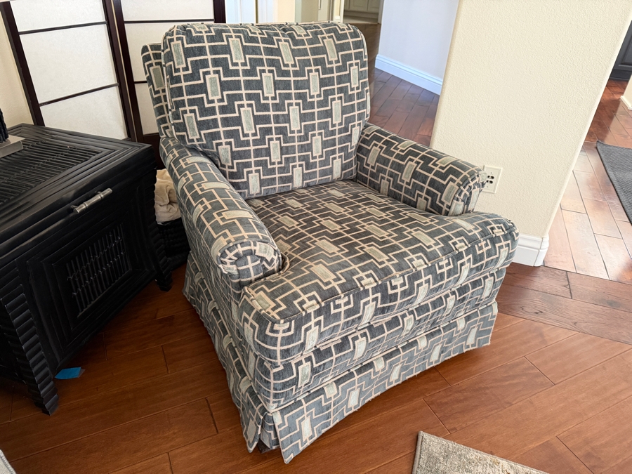 1 of 2 Contemporary Blue And Cream Geometric Greek Key Pattern Fabric Upholstered Armchair With Tailored Kick Pleat Skirt 34'W X 40'D X 36'H [Photo 3]