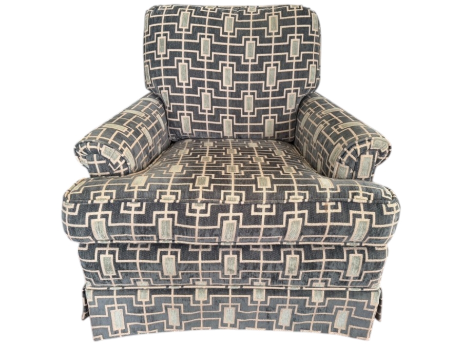 1 of 2 Contemporary Blue And Cream Geometric Greek Key Pattern Fabric Upholstered Armchair With Tailored Kick Pleat Skirt 34'W X 40'D X 36'H