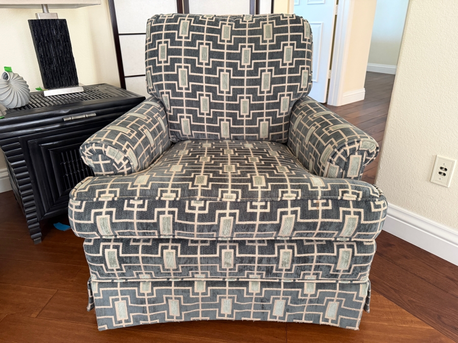 1 of 2 Contemporary Blue And Cream Geometric Greek Key Pattern Fabric Upholstered Armchair With Tailored Kick Pleat Skirt 34'W X 40'D X 36'H [Photo 2]