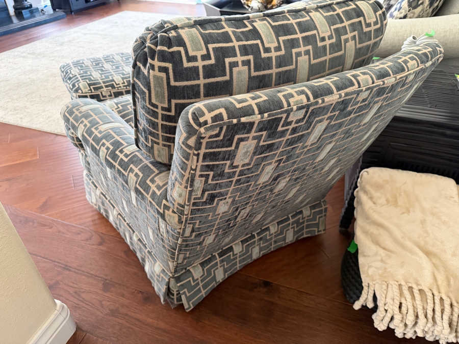 1 of 2 Contemporary Blue And Cream Geometric Greek Key Pattern Fabric Upholstered Armchair With Tailored Kick Pleat Skirt 34'W X 40'D X 36'H [Photo 4]