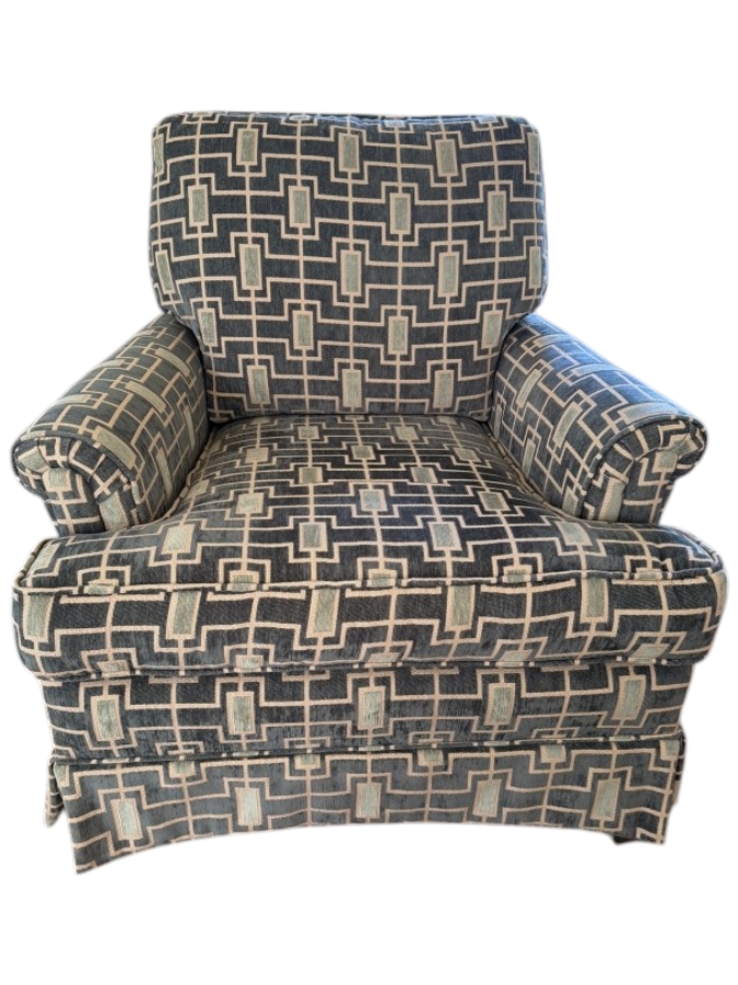 2 of 2 Contemporary Blue And Cream Geometric Greek Key Pattern Fabric Upholstered Armchair With Tailored Kick Pleat Skirt 34'W X 40'D X 36'H