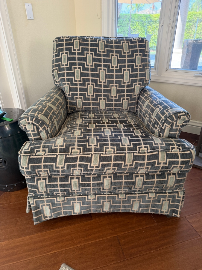 2 of 2 Contemporary Blue And Cream Geometric Greek Key Pattern Fabric Upholstered Armchair With Tailored Kick Pleat Skirt 34'W X 40'D X 36'H [Photo 2]