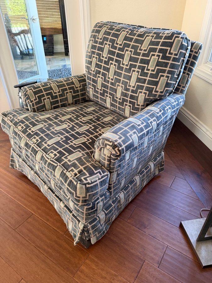 2 of 2 Contemporary Blue And Cream Geometric Greek Key Pattern Fabric Upholstered Armchair With Tailored Kick Pleat Skirt 34'W X 40'D X 36'H [Photo 3]