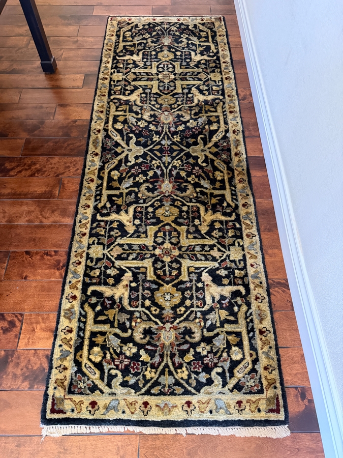 Hand Knotted Black And Gold Wool Persian Isfahan Style Hallway Runner Rug With Intricate Floral Medallions 30' X 92' [Photo 3]