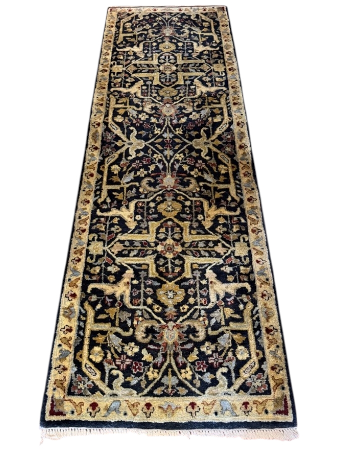 Hand Knotted Black And Gold Wool Persian Isfahan Style Hallway Runner Rug With Intricate Floral Medallions 30' X 92'