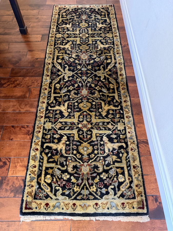 Hand Knotted Black And Gold Wool Persian Isfahan Style Hallway Runner Rug With Intricate Floral Medallions 30' X 92' [Photo 2]