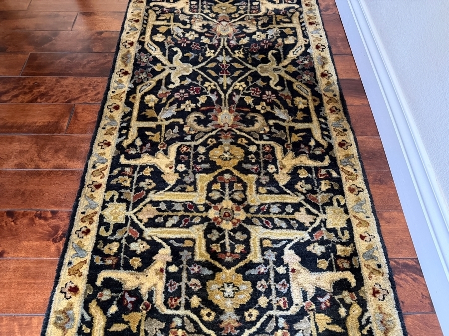 Hand Knotted Black And Gold Wool Persian Isfahan Style Hallway Runner Rug With Intricate Floral Medallions 30' X 92' [Photo 4]