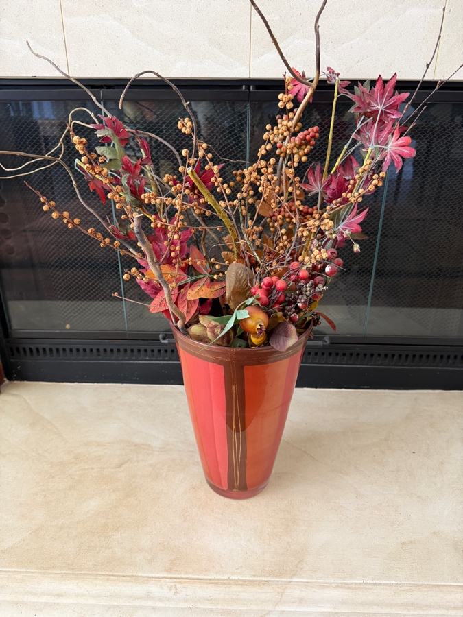 Large Faux Autumnal Floral Arrangement With Faux Pomegranate Berries Twigs And Maple Leaves In Red Modernist Glass Vase (12'H) [Photo 3]