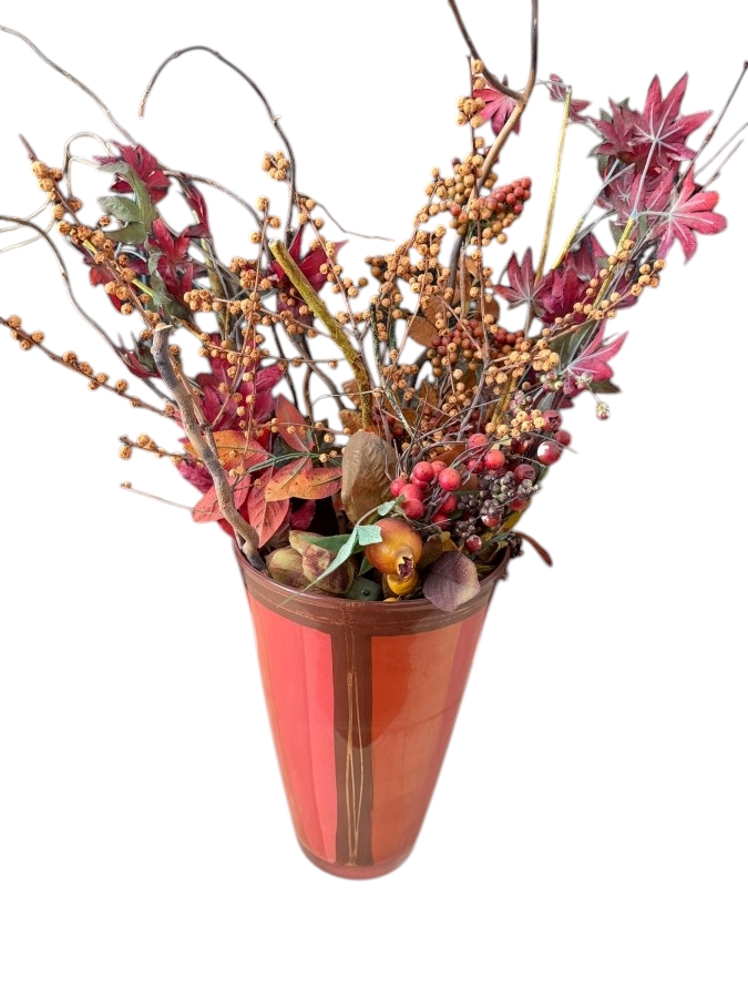 Large Faux Autumnal Floral Arrangement With Faux Pomegranate Berries Twigs And Maple Leaves In Red Modernist Glass Vase (12'H)