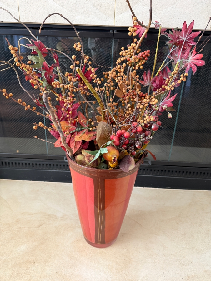 Large Faux Autumnal Floral Arrangement With Faux Pomegranate Berries Twigs And Maple Leaves In Red Modernist Glass Vase (12'H) [Photo 2]