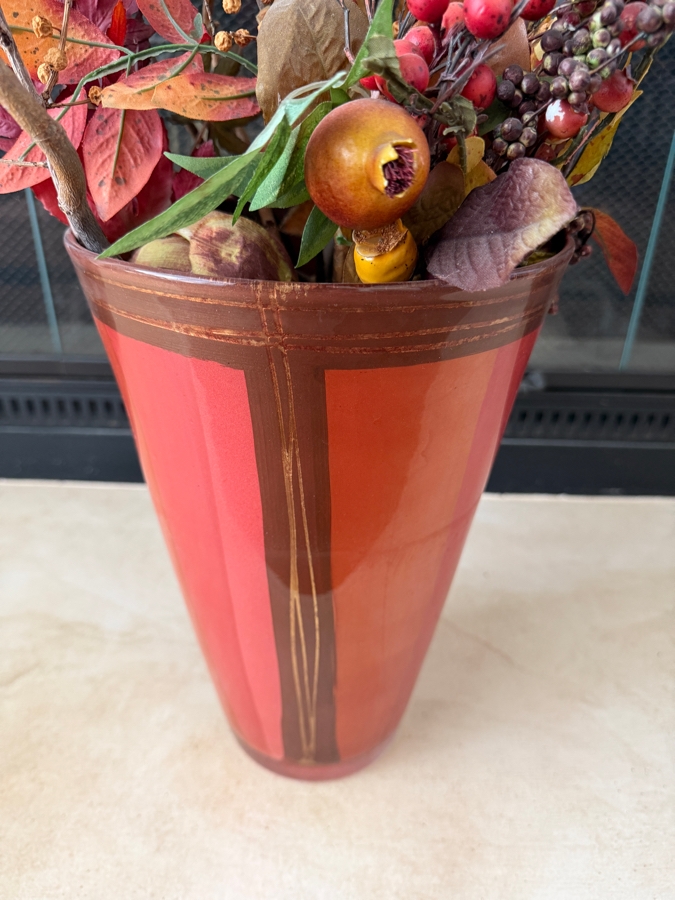 Large Faux Autumnal Floral Arrangement With Faux Pomegranate Berries Twigs And Maple Leaves In Red Modernist Glass Vase (12'H) [Photo 4]