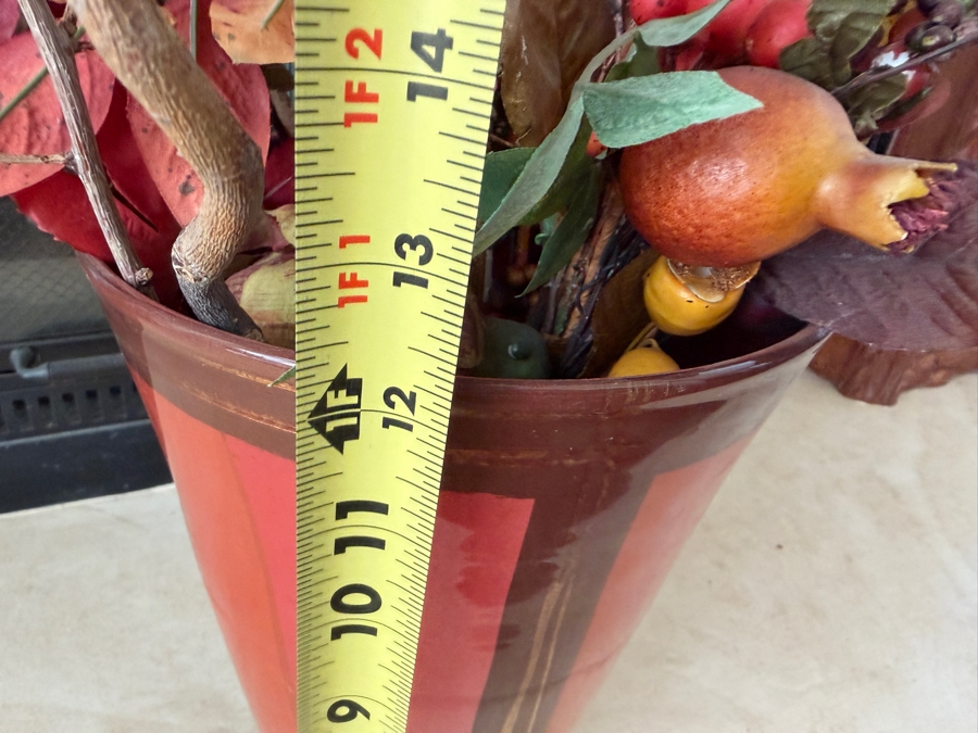Large Faux Autumnal Floral Arrangement With Faux Pomegranate Berries Twigs And Maple Leaves In Red Modernist Glass Vase (12'H) [Photo 5]