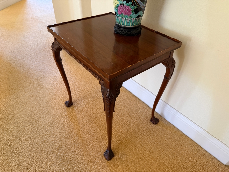 Vintage Chippendale Style Mahogany Side Table With Scalloped Gallery Rim Rope Twist Apron And Ball And Claw Feet 20.5'W X 16.5'D X 23'H [Photo 3]