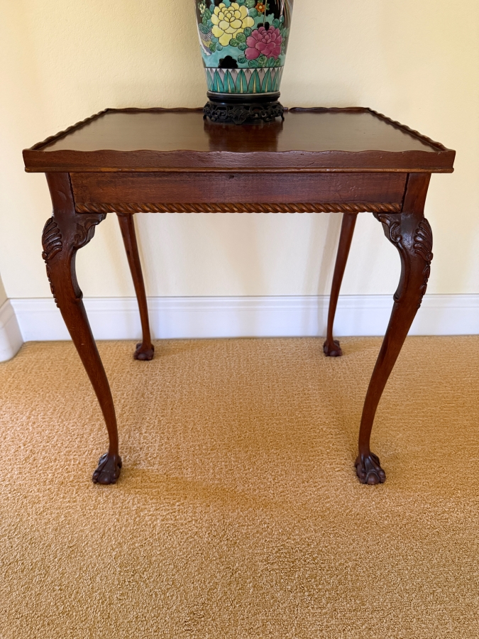 Vintage Chippendale Style Mahogany Side Table With Scalloped Gallery Rim Rope Twist Apron And Ball And Claw Feet 20.5'W X 16.5'D X 23'H