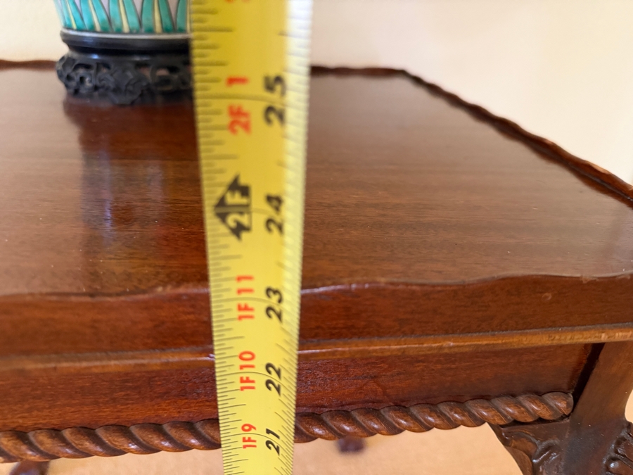 Vintage Chippendale Style Mahogany Side Table With Scalloped Gallery Rim Rope Twist Apron And Ball And Claw Feet 20.5'W X 16.5'D X 23'H [Photo 6]